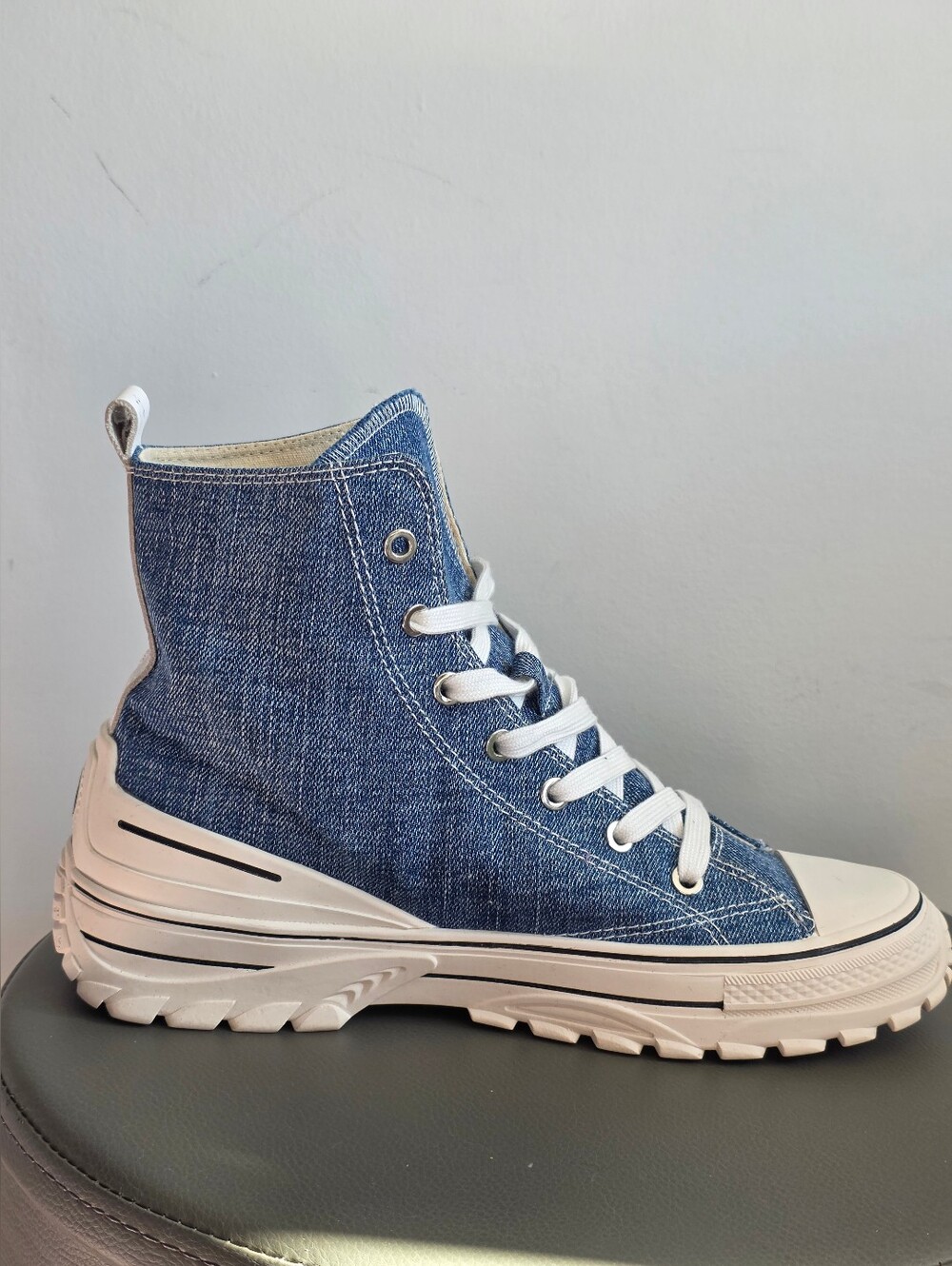 Wishbone Denim Platform High Top Sneakers Chunky Lug Sole Blue Jean Lace Up 10 - Picture 2 of 11